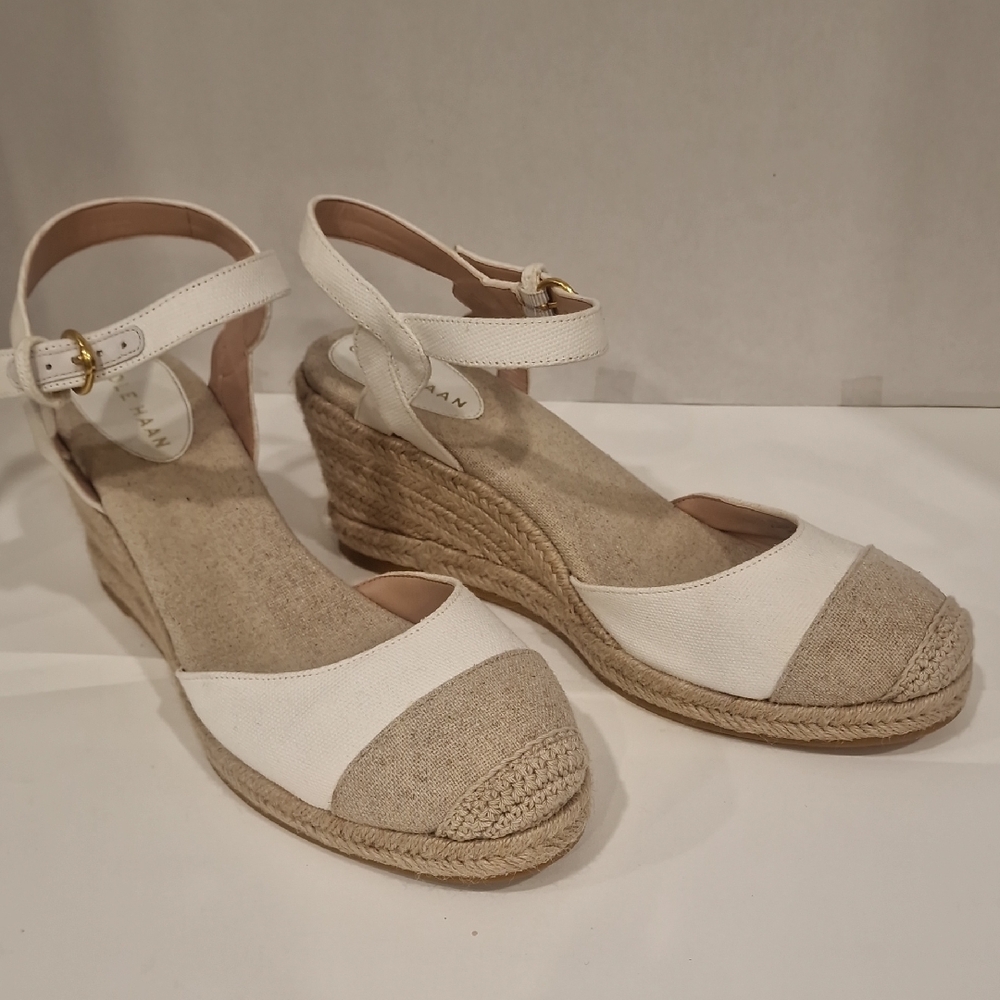 Cole Haan White and Tan Espadrille Wedges
